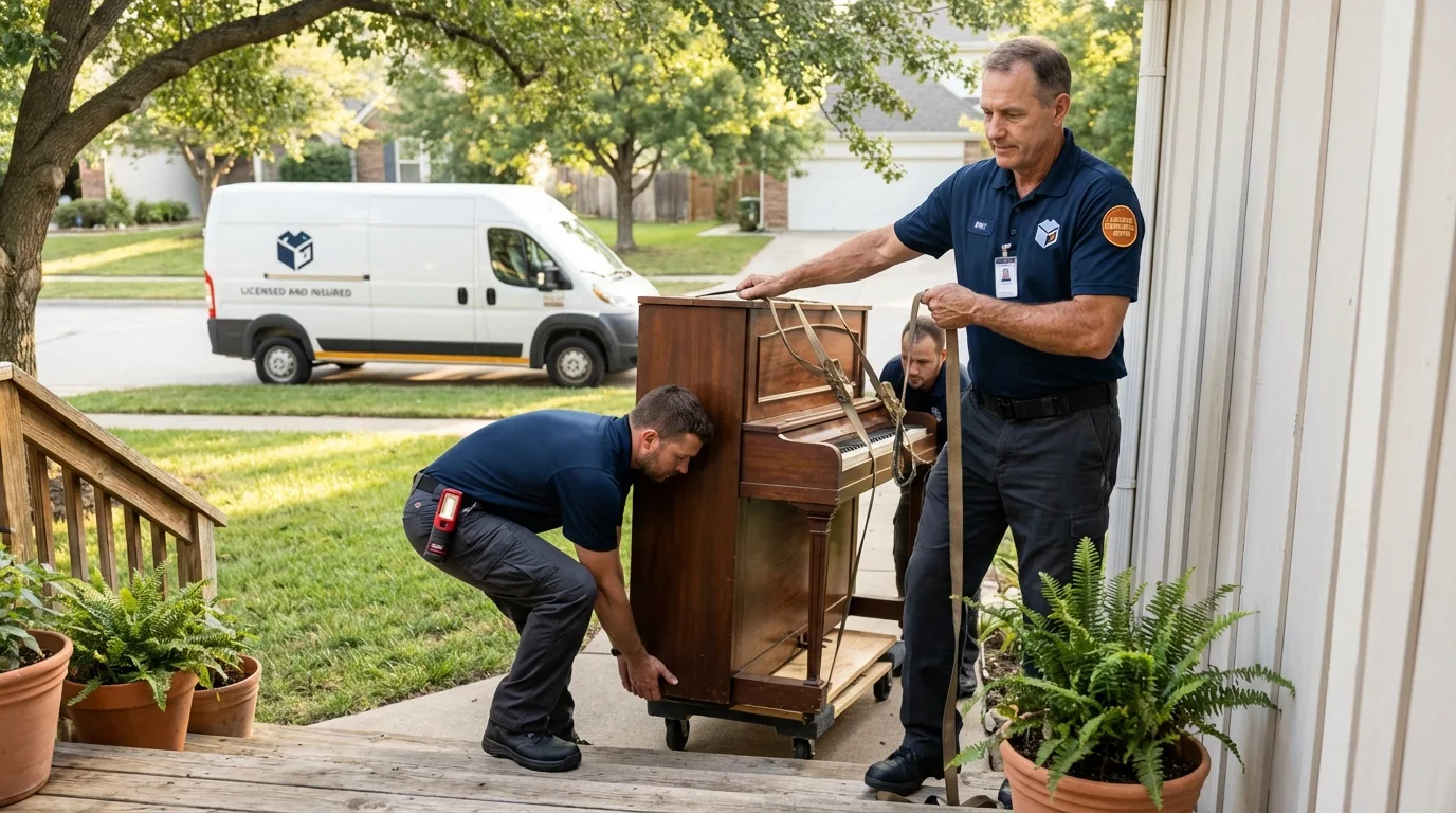 Licensed piano movers securing grand piano in Warsaw, MO