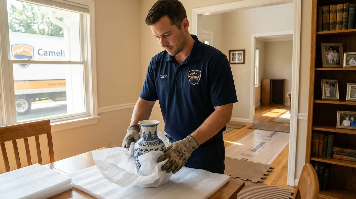 Professional crew carefully wrapping antique vase for senior downsizing move in Warsaw, MO